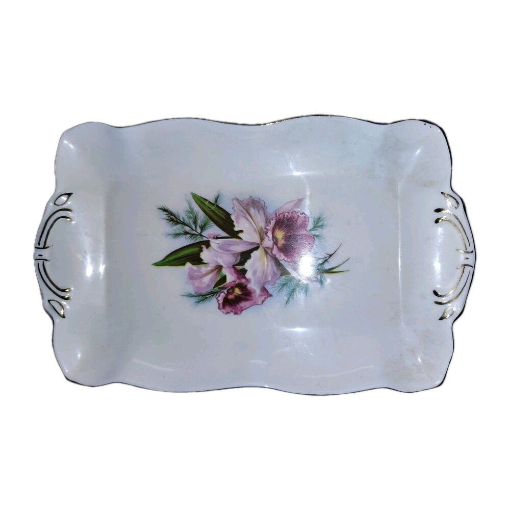 Vintage Salisbury Bone China Orchid Tray England Gold Trim Scalloped Trinket...